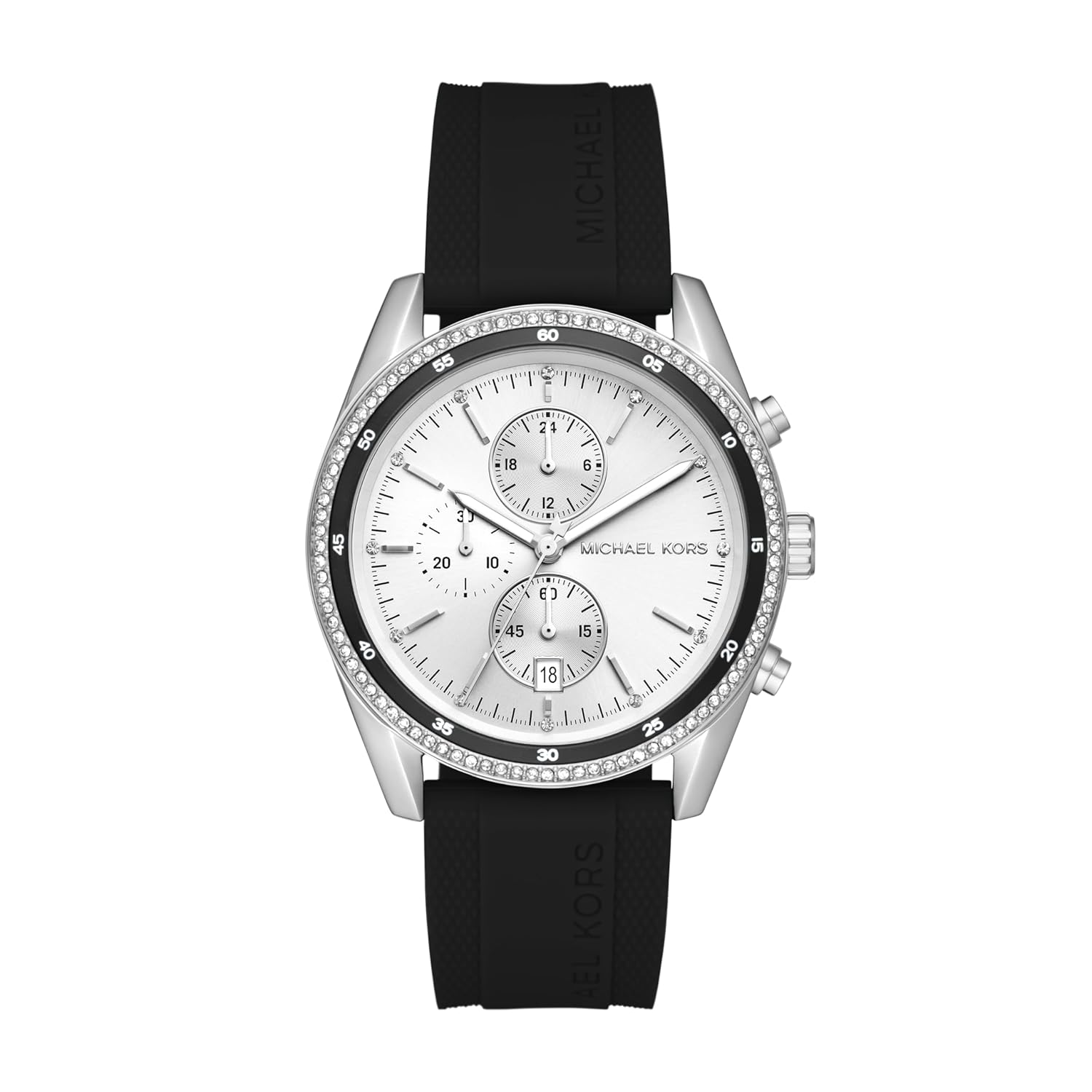  Shop Authentic Michael Kors Hadyn Chronograph Silver Dial Black Rubber Strap Watch for Women - MK7486 - Luxxuri