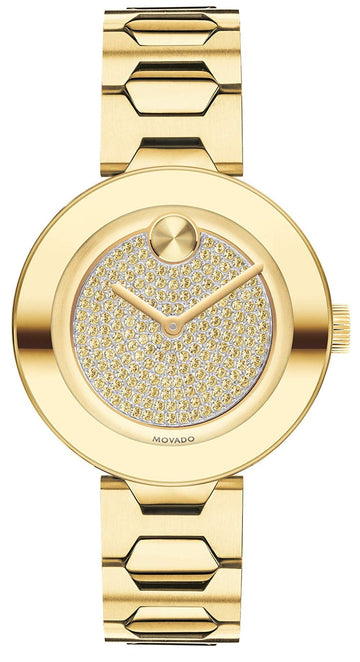  Shop Authentic Movado Bold Crystal Gold Dial Gold Steel Strap Watch For Women - 3600492 - Luxxuri