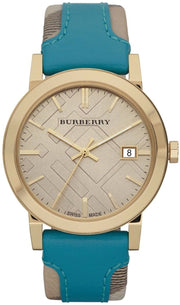  Shop Authentic Burberry The City Gold Dial Blue Leather Strap Watch for Women - BU9018 - Luxxuri