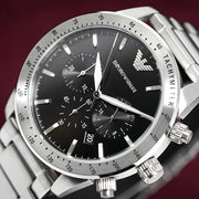  Shop Authentic Emporio Armani Mario Chronograph Black Dial Silver Steel Strap Watch For Men - AR11241 - Luxxuri
