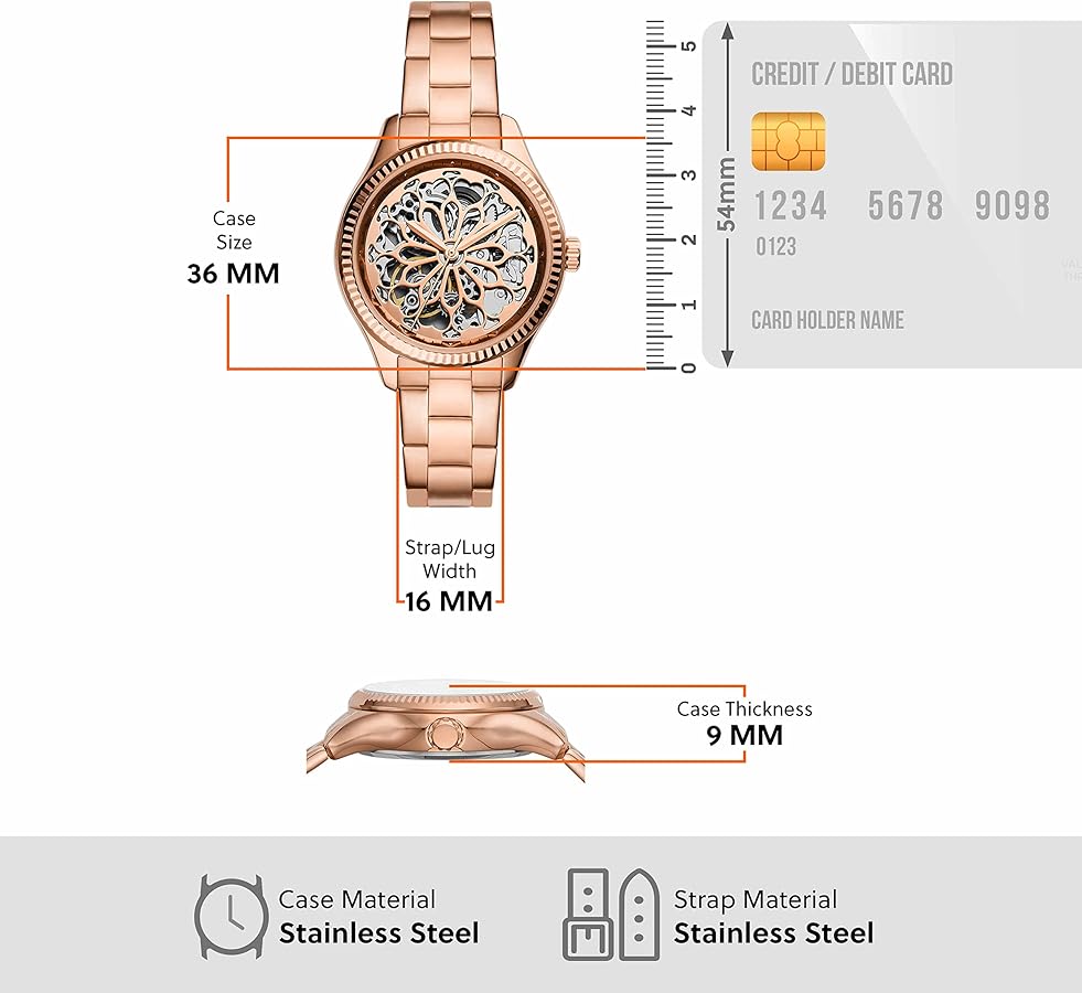 Shop Authentic Fossil Rye Automatic Skeleton Rose Gold Dial Rose Gold Steel Strap Watch for Women - BQ3754 - Luxxuri