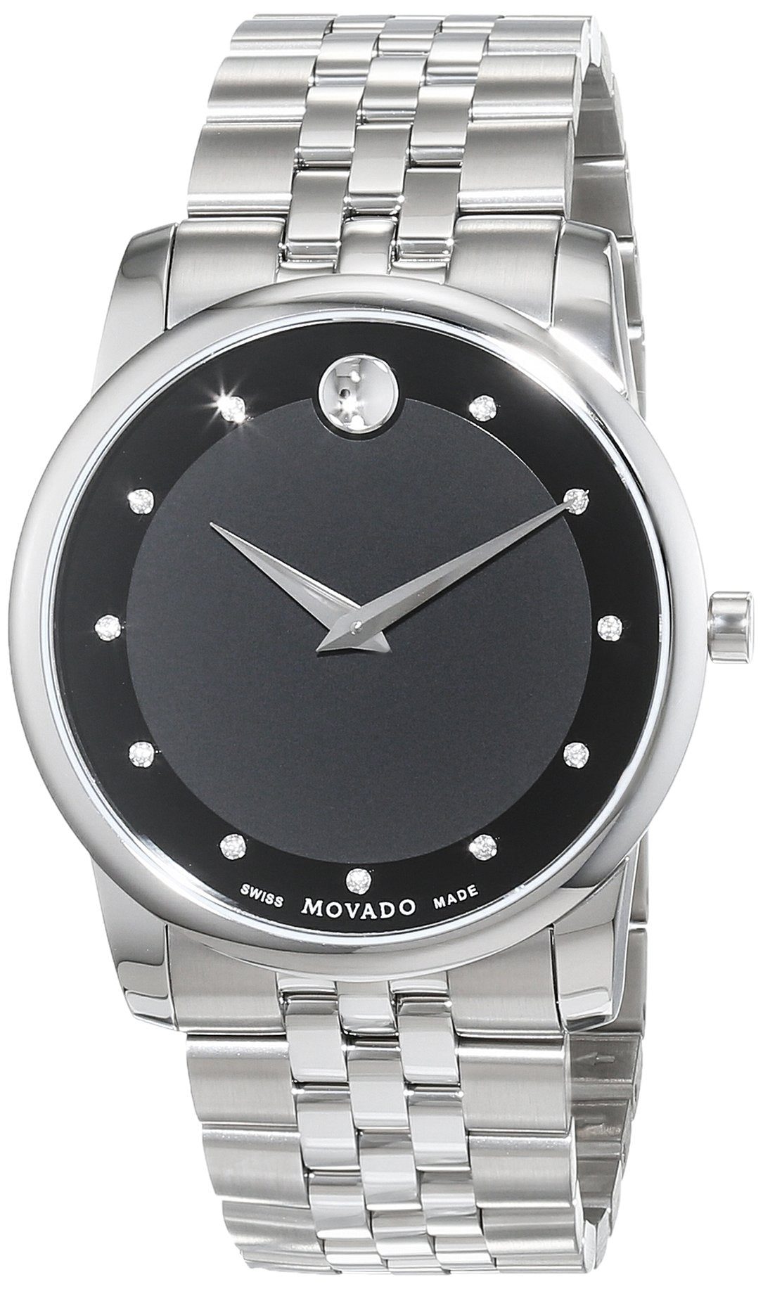 Shop Authentic Movado Museum Diamonds Black Dial Silver Steel Strap Watch For Men - 606878 - Luxxuri