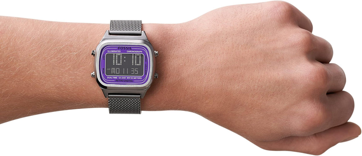  Shop Authentic Fossil Retro Digital Purple Dial Grey Mesh Strap Watch for Men - FS5888 - Luxxuri