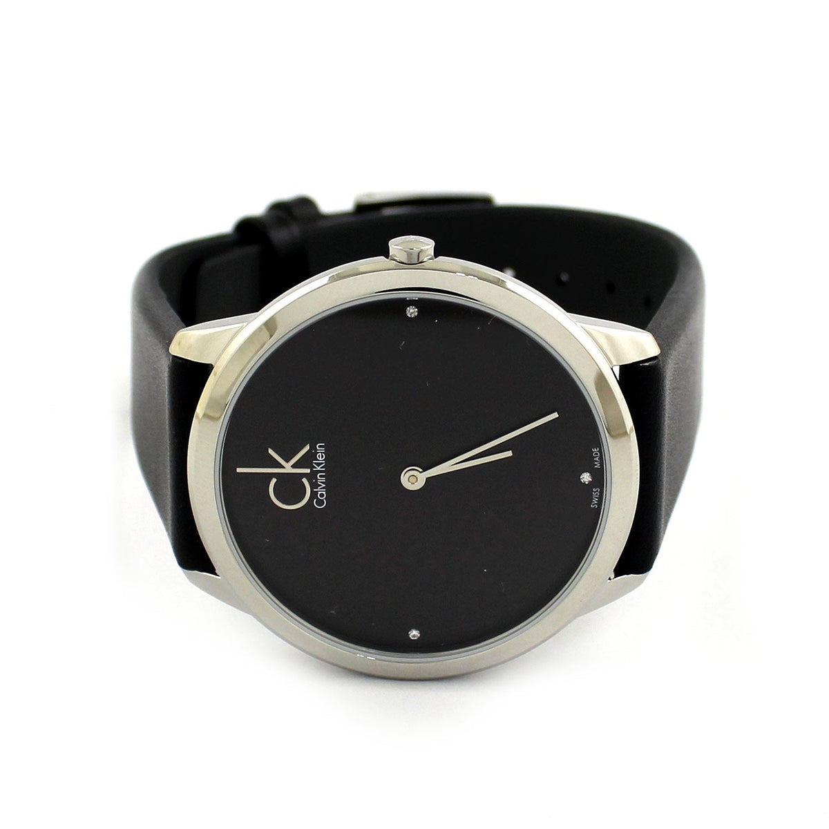  Shop Authentic Calvin Klein Minimal Diamonds Black Dial Black Leather Strap Watch for Men - K3M211CS - Luxxuri