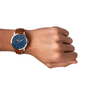 Shop Authentic Fossil Minimalist Blue Dial Brown Leather Strap Watch for Men - FS5304 - Luxxuri