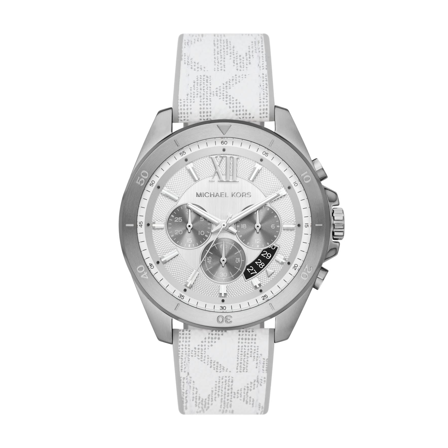  Shop Authentic Michael Kors Brecken Chronograph Silver Dial White Leather Strap Watch For Men - MK8949 - Luxxuri