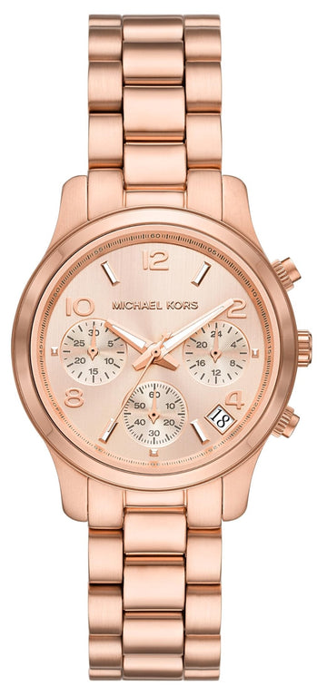  Shop Authentic Michael Kors Runway Chronograph Rose Gold Dial Rose Gold Steel Strap Watch For Women - MK7327 - Luxxuri