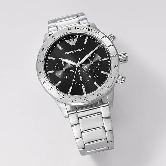  Shop Authentic Emporio Armani Mario Chronograph Black Dial Silver Steel Strap Watch For Men - AR11241 - Luxxuri