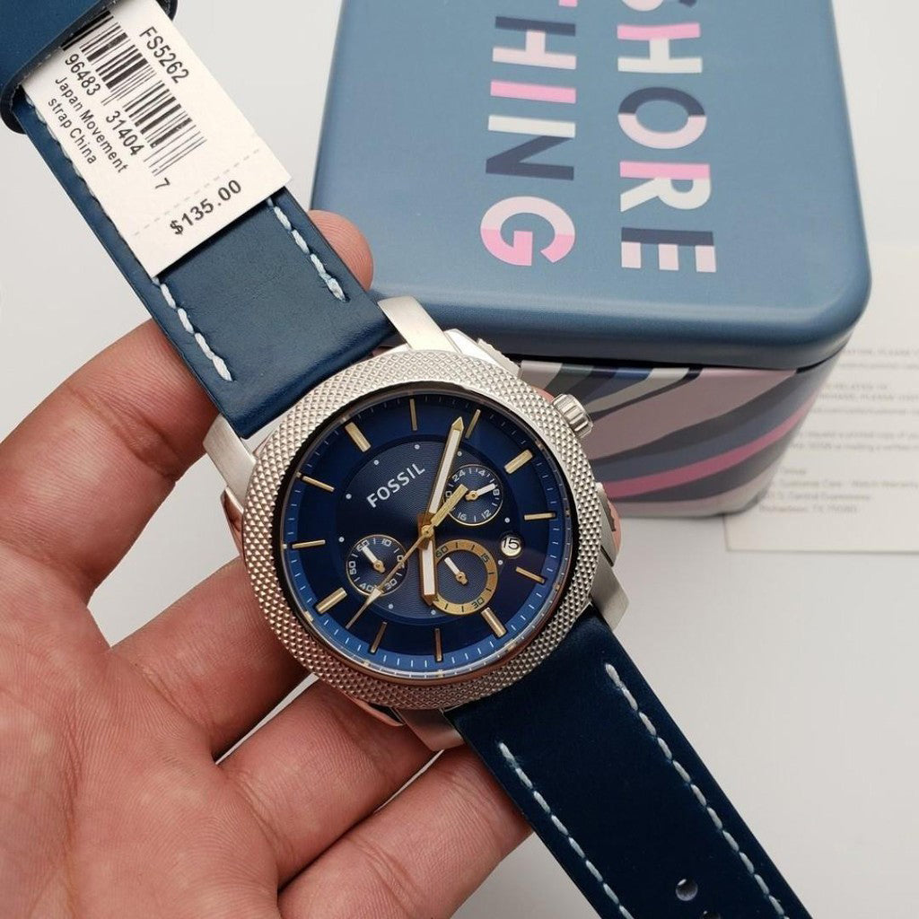  Shop Authentic Fossil Machine Chronograph Blue Dial Blue Leather Strap Watch for Men - FS5262 - Luxxuri