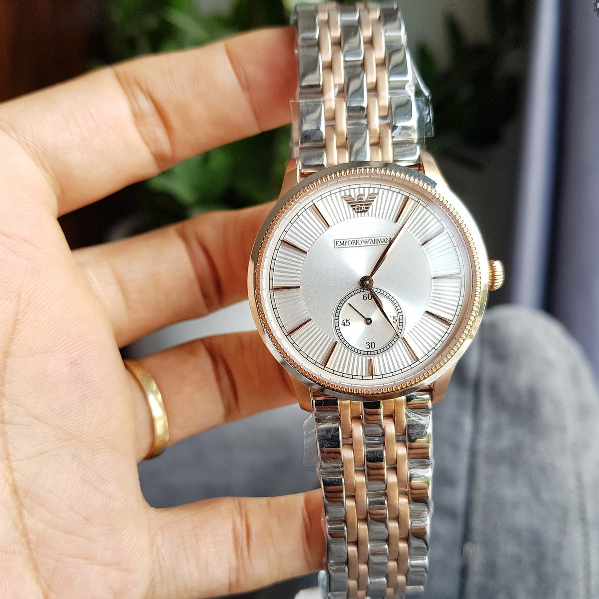  Shop Authentic Emporio Armani Classic Silver Dial Two Tone Steel Strap Watch For Men - AR1839 - Luxxuri
