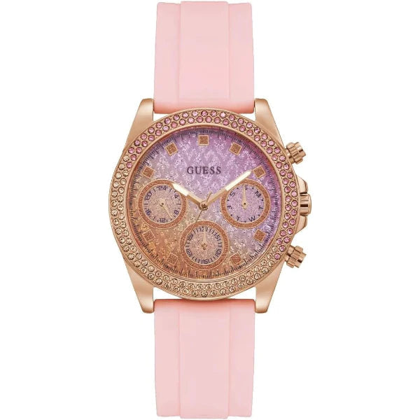  Shop Authentic Guess Sparkling Chronograph Crystals Pink Dial Pink Silicone Strap Watch For Women - GW0032L4 - Luxxuri