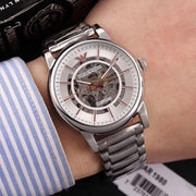  Shop Authentic Emporio Armani Meccanico Skeleton Silver Dial Silver Steel Strap Watch For Men - AR1980 - Luxxuri