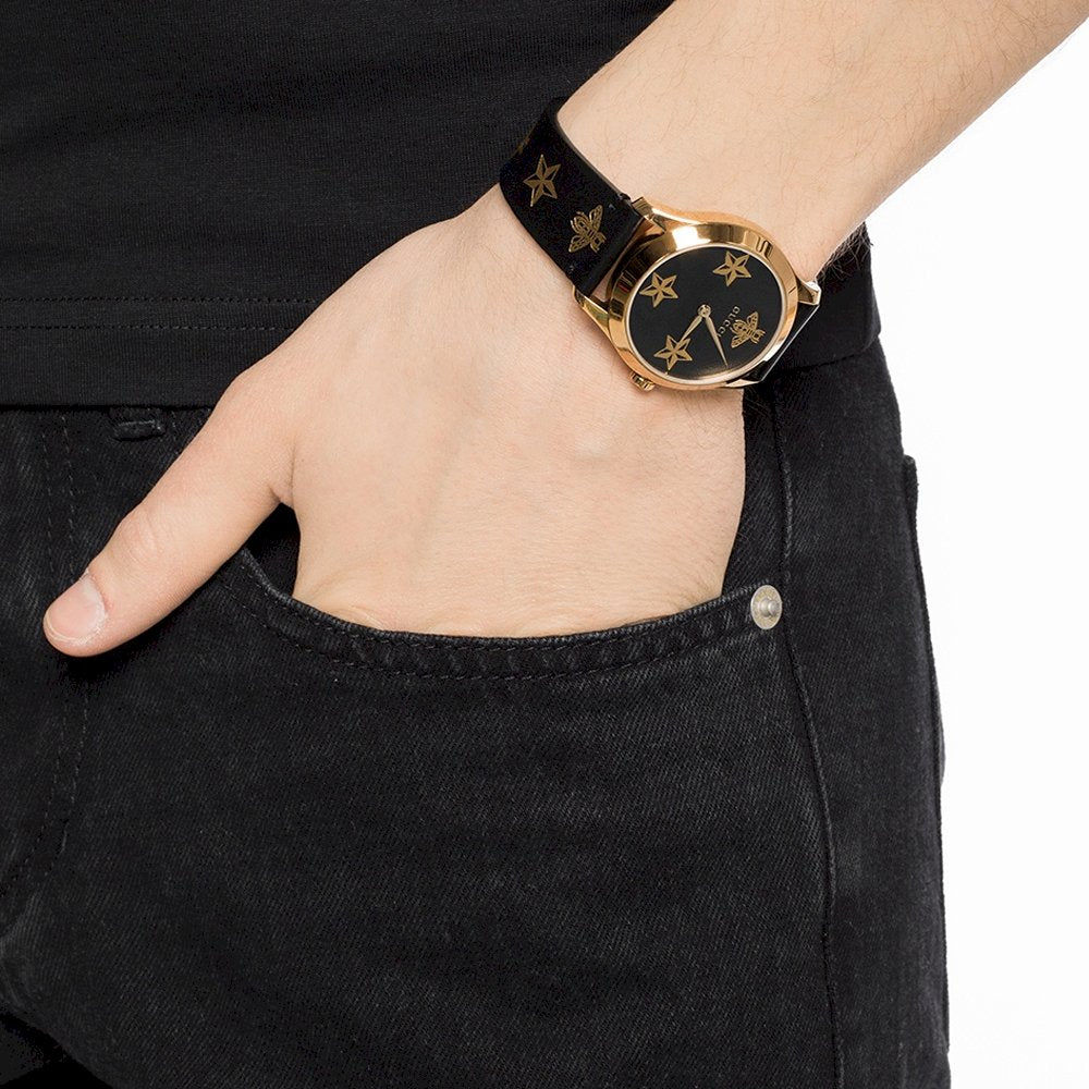  Shop Authentic Gucci G Timeless Bee Motif Black Dial Black Leather Strap Watch For Women - YA1264055 - Luxxuri