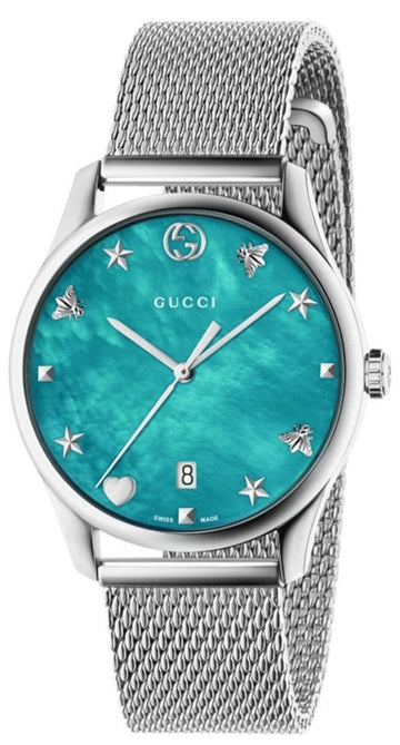  Shop Authentic Gucci G-Timeless Turquiose Mother of Pearl Dial Silver Mesh Bracelet Watch For Women - YA1264039 - Luxxuri