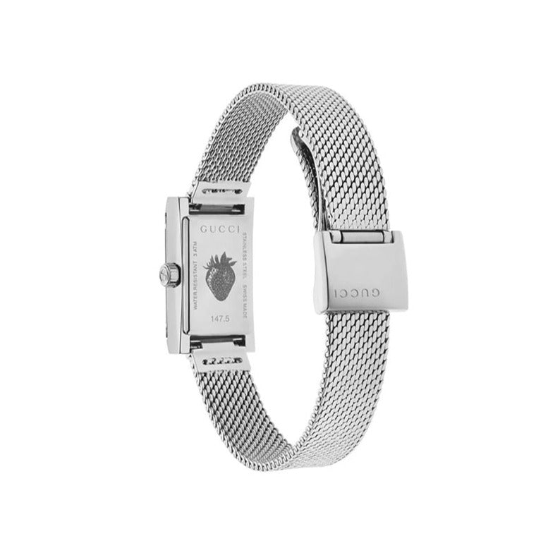  Shop Authentic Gucci G Frame Quartz Diamonds Green & Red Mother of Pearl Dial Silver Mesh Bracelet Watch For Women - YA147510 - Luxxuri