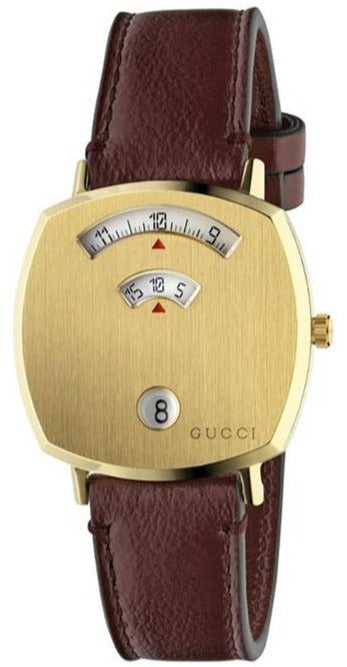  Shop Authentic Gucci Grip Quartz Yellow Gold Dial Maroon Leather Strap Watch For Women - YA157405 - Luxxuri