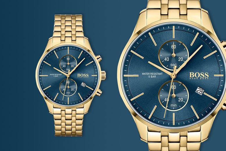 Shop Authentic Hugo Boss Associate Blue Dial Gold Steel Strap Watch for Men - 1513841 - Luxxuri