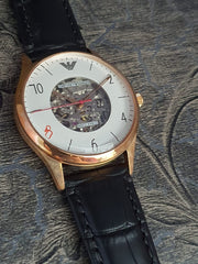  Shop Authentic Emporio Armani Meccanico White Skeleton Dial Black Leather Strap Watch For Men - AR1924 - Luxxuri