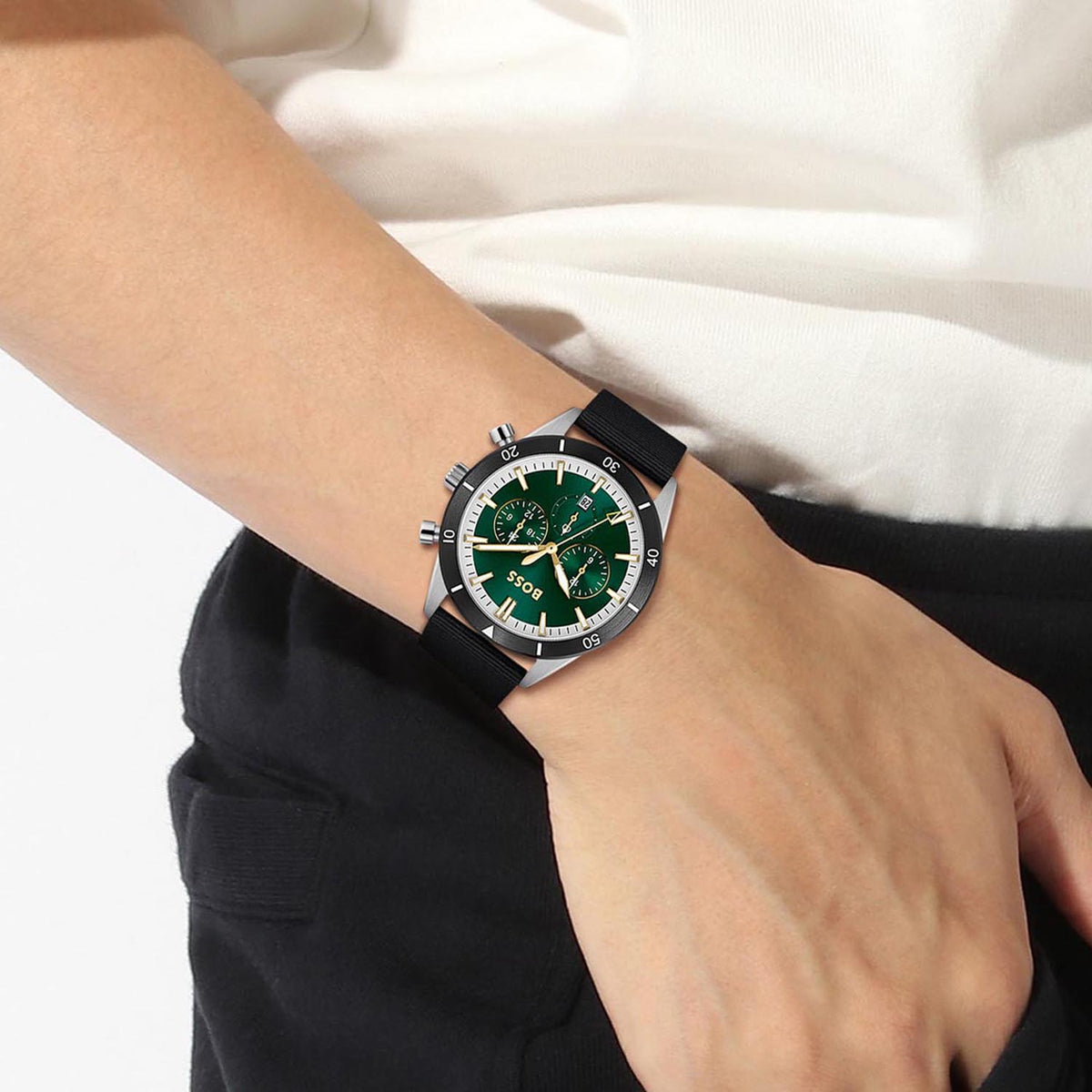  Shop Authentic Hugo Boss Santiago Green Dial Black Nylon Strap Watch for Men - 1513936 - Luxxuri