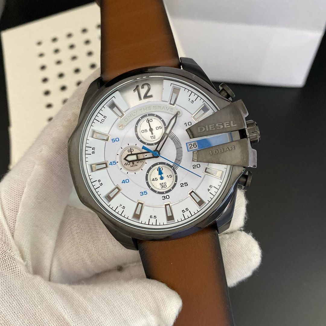  Shop Authentic Diesel Mega Chief White Dial Brown Leather Strap Watch For Men - DZ4280 - Luxxuri