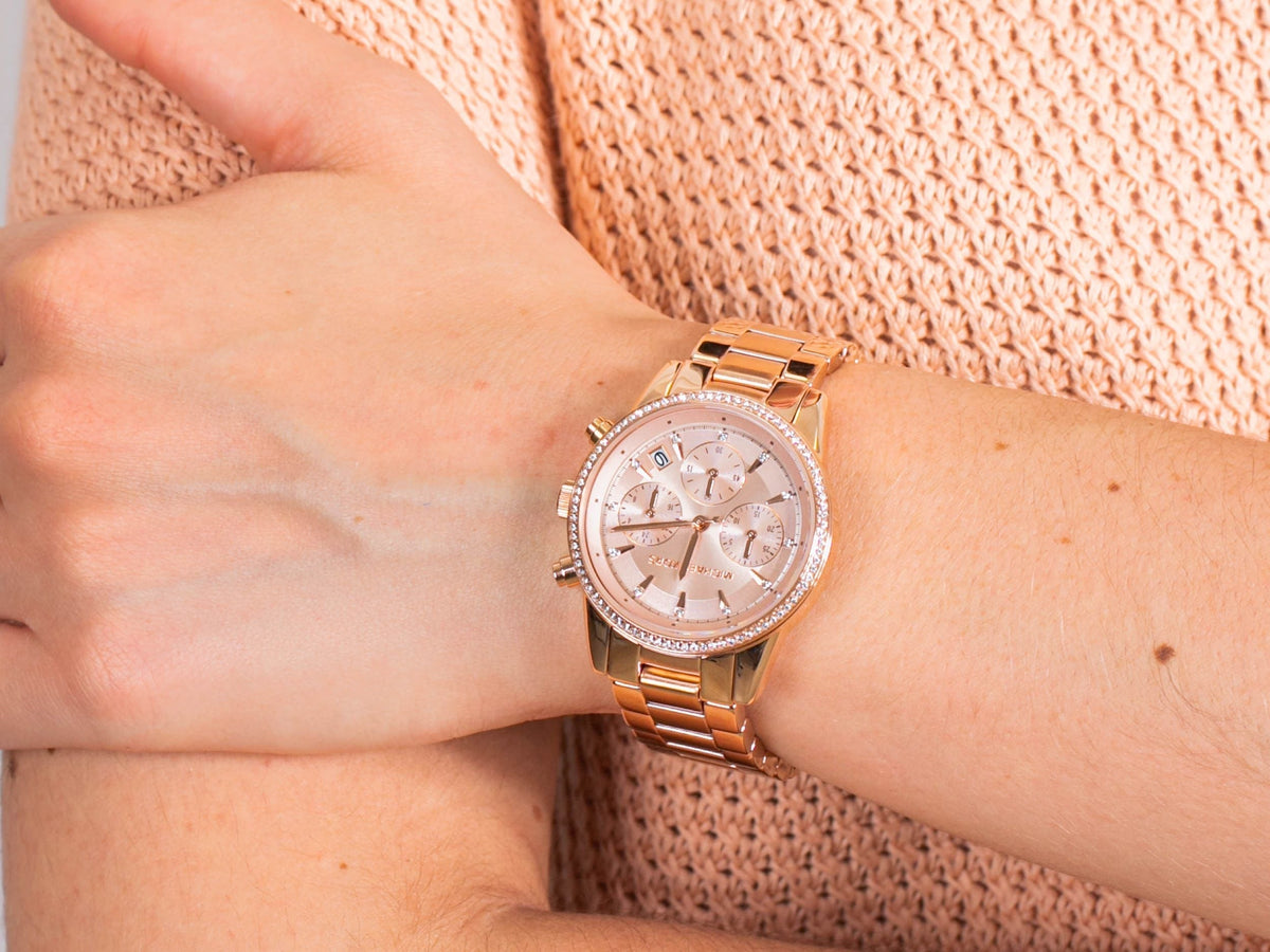  Shop Authentic Michael Kors Ritz Chronograph Rose Gold Dial Rose Gold Steel Strap Watch for Women - MK6077 - Luxxuri