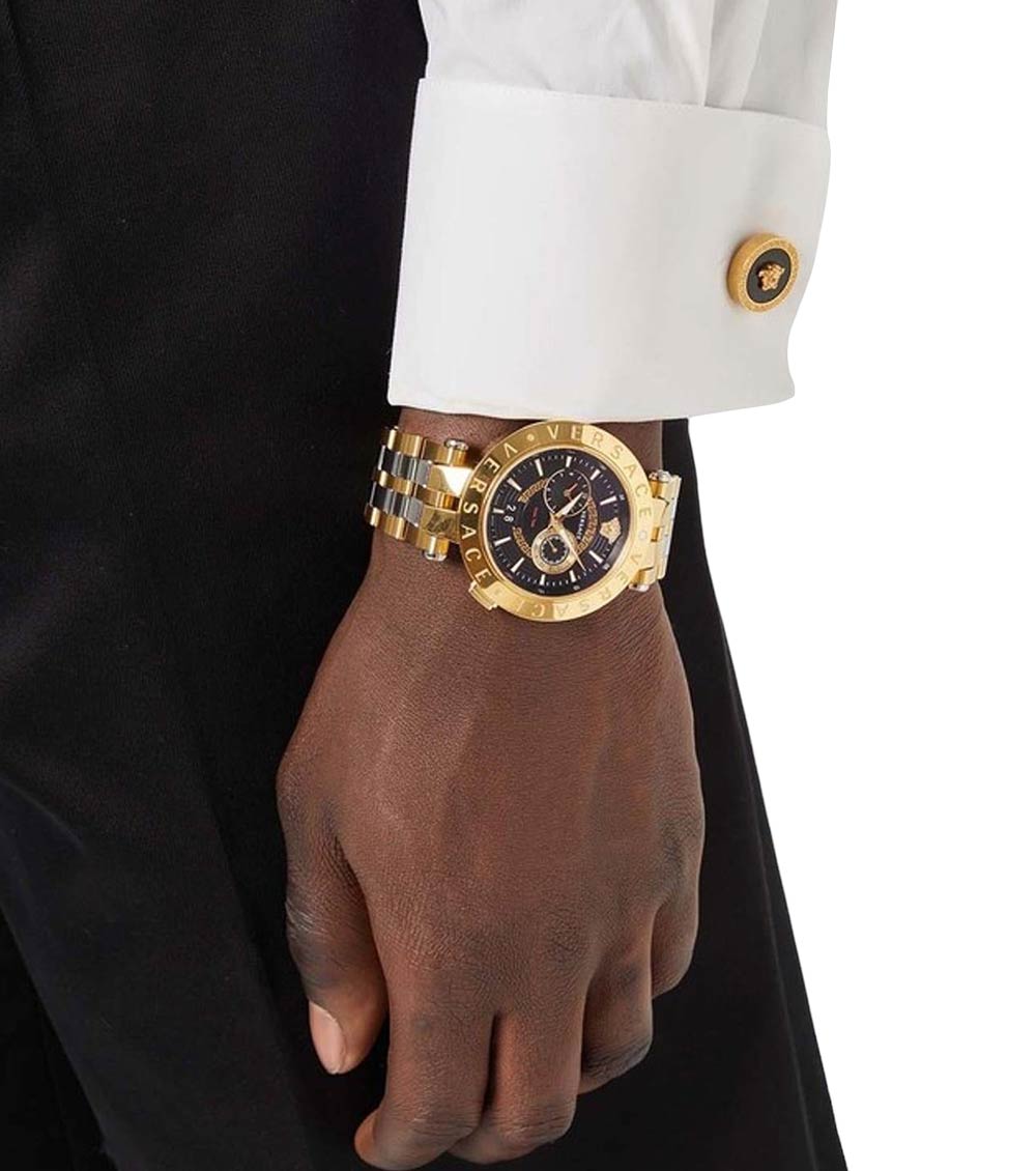  Shop Authentic Versace V-Race Quartz Black Dial Gold Steel Strap Watch For Men - VEBV00519 - Luxxuri