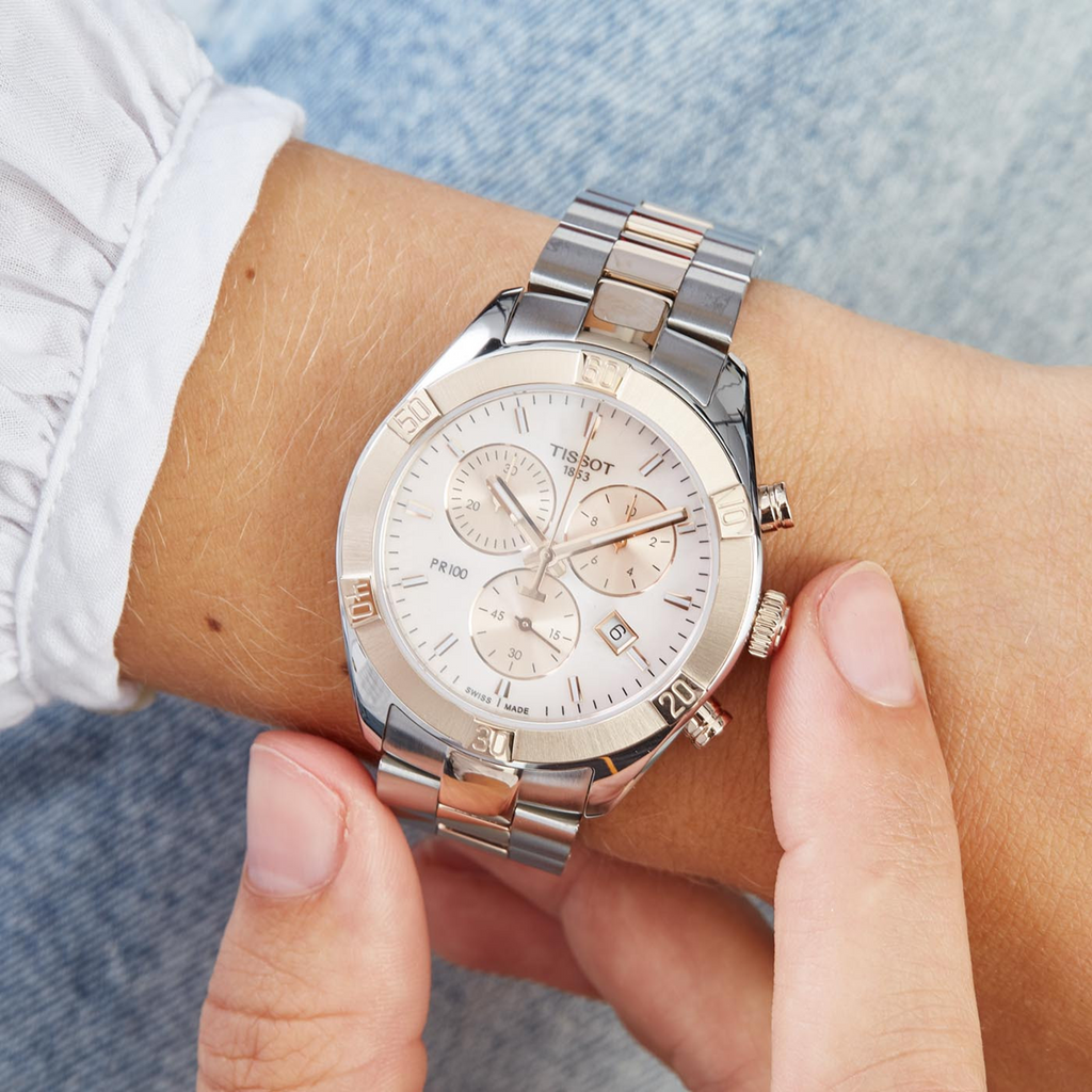  Shop Authentic Tissot PR 100 Sport Chic Chronograph Silver Dial Two Tone Steel Strap Watch For Women - T101.917.22.031.00 - Luxxuri