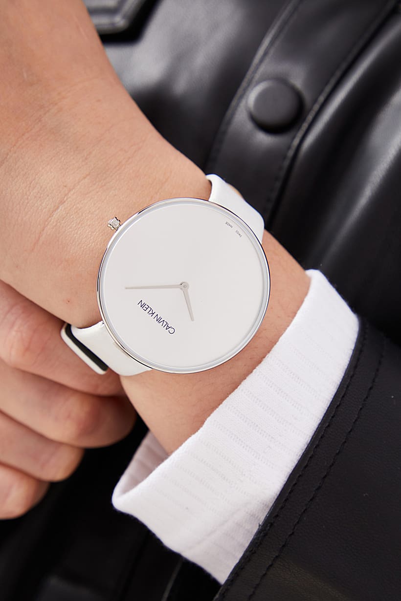  Shop Authentic Calvin Klein Full Moon White Dial White Leather Strap Watch for Women - K8Y231L6 - Luxxuri