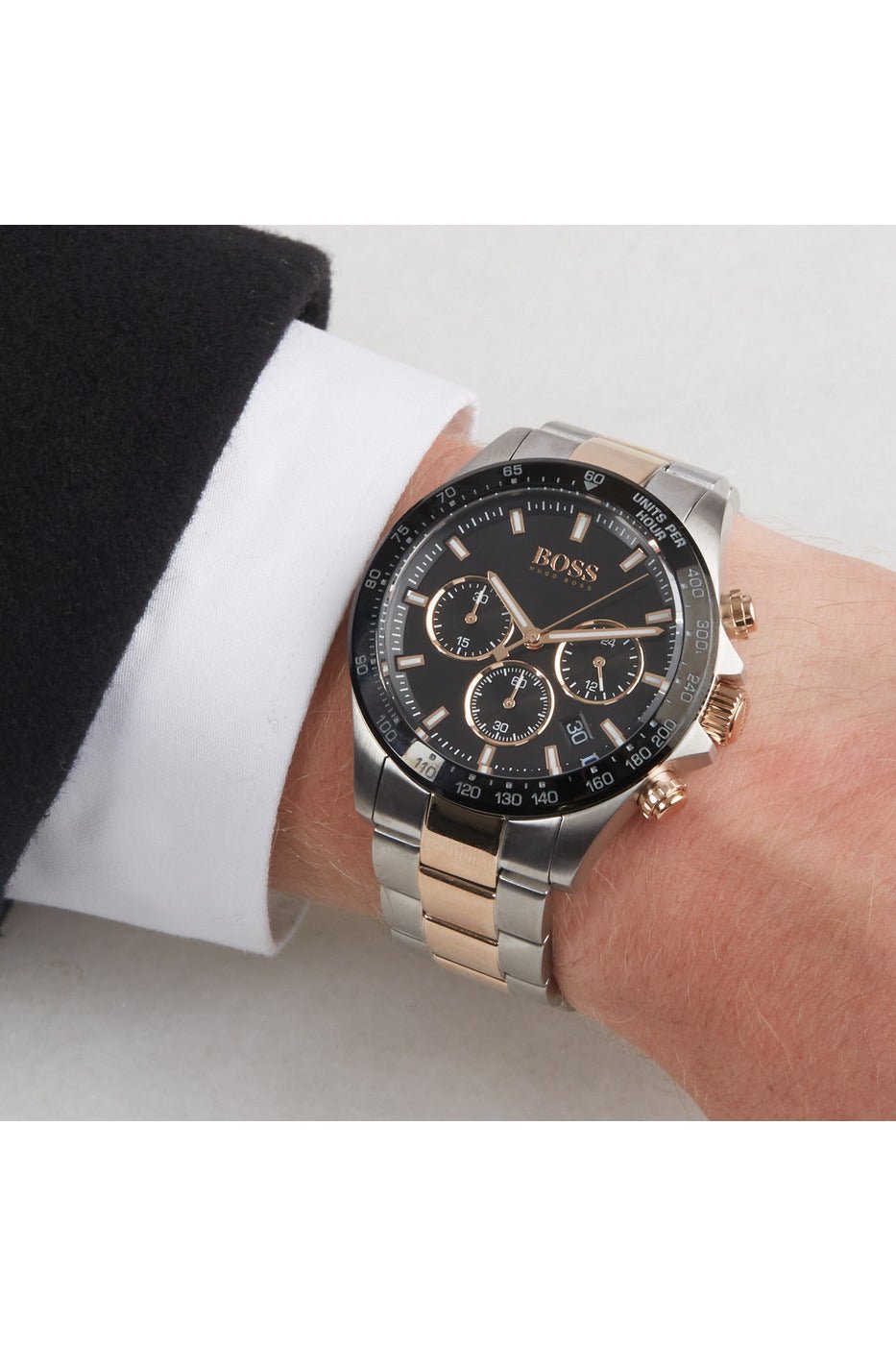  Shop Authentic Hugo Boss Here Chronograph Black Dial Two Tone Steel Strap Watch for Men - 1513757 - Luxxuri