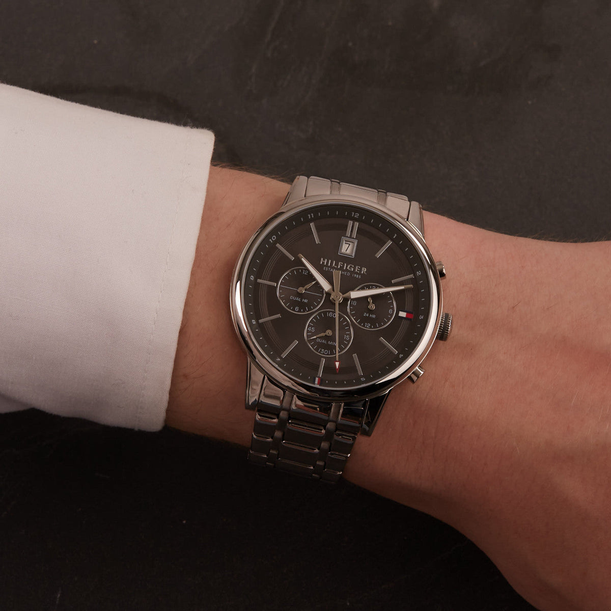  Shop Authentic Tommy Hilfiger Kyle Chronograph Grey Dial Silver Steel Strap Watch for Men - 1791632 - Luxxuri
