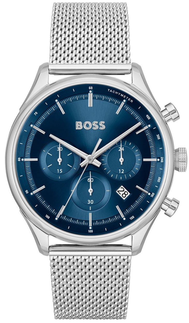  Shop Authentic Hugo Boss Gregor Chronograph Blue Dial Silver Mesh Bracelet Watch For Men - 1514052 - Luxxuri