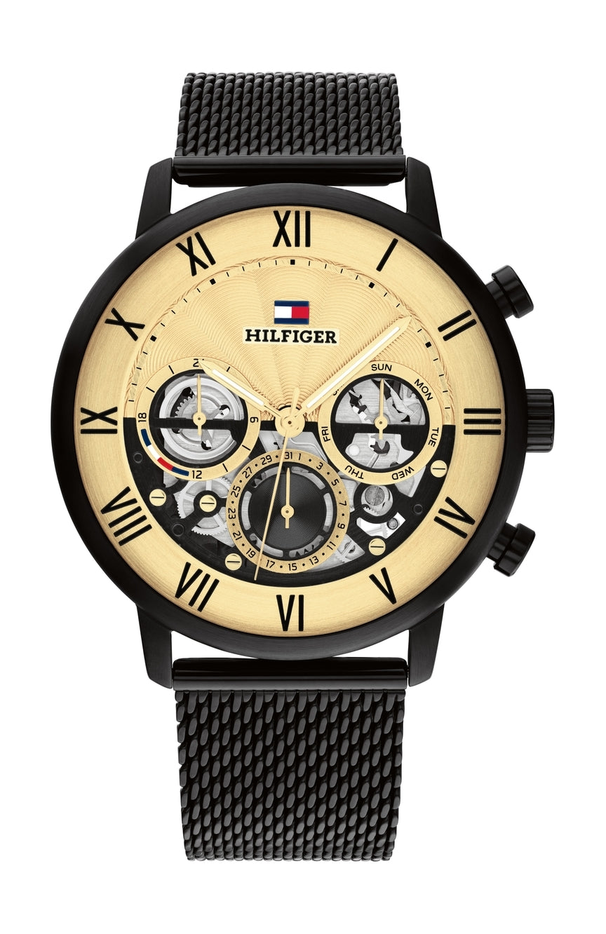  Shop Authentic Tommy Hilfiger Legend Chronograph Gold Dial Black Mesh Bracelet Watch For Men - 1710568 - Luxxuri