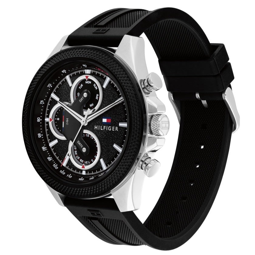  Shop Authentic Tommy Hilfiger Clark Chronograph Black Dial Black Rubber Strap Watch For Men - 1792082 - Luxxuri