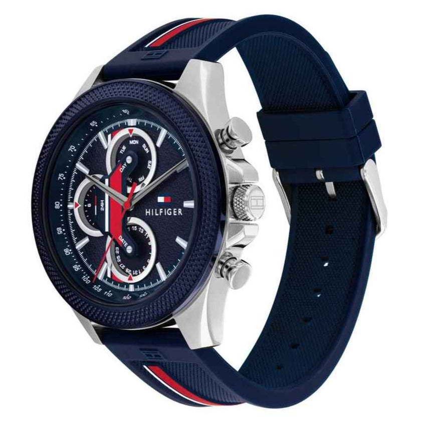  Shop Authentic Tommy Hilfiger Clark Chronograph Blue Dial Black Leather Strap Watch For Men - 1792083 - Luxxuri