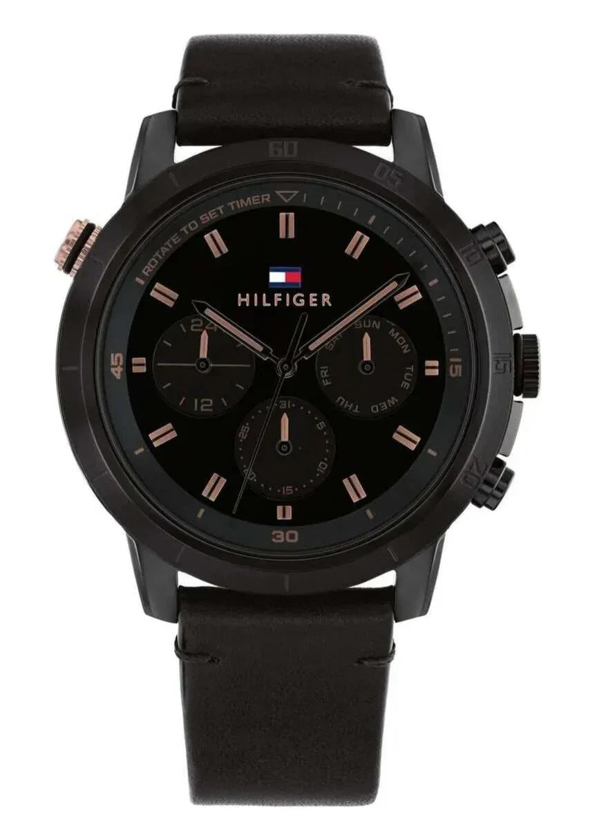  Shop Authentic Tommy Hilfiger Troy Chronograph Black Dial Black Leather Strap Watch For Men - 1792110 - Luxxuri