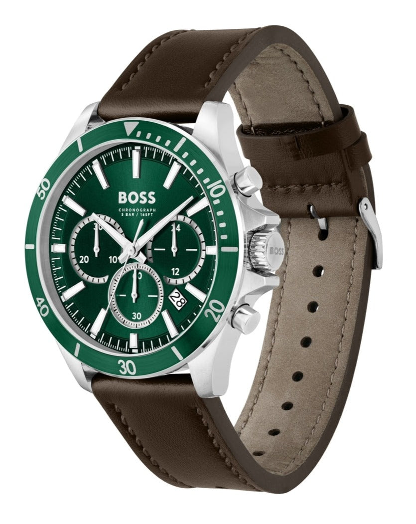  Shop Authentic Hugo Boss Troper Chronograph Green Dial Brown Leather Strap Watch For Men - 1514098 - Luxxuri