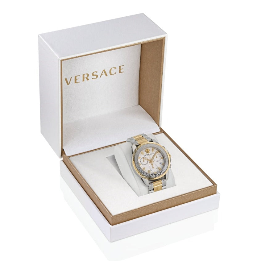  Shop Authentic Versace Greca Action Chronograph Quartz Silver Dial Two Tone Steel Strap Watch for Men - VE3J00522 - Luxxuri