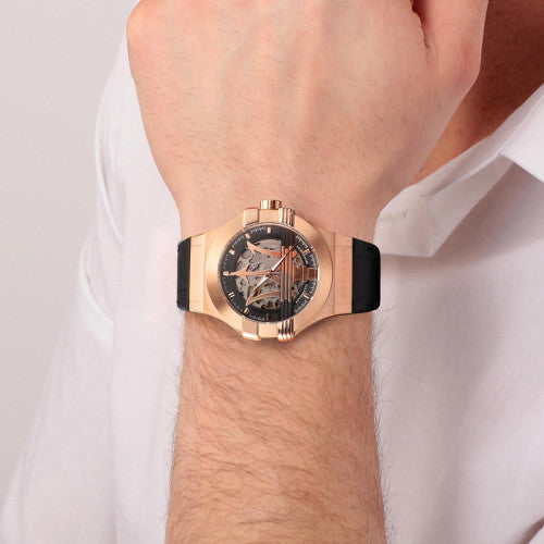  Shop Authentic Maserati Potenza Automatic Skeleton Black Dial Black Leather Strap Watch For Men - R8821108039 - Luxxuri