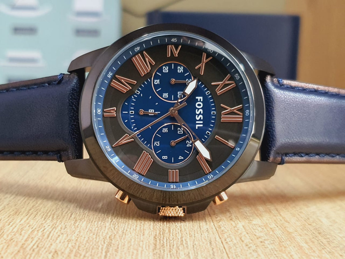  Shop Authentic Fossil Grant Chronograph Black Dial Blue Leather Strap Watch for Men - FS5061 - Luxxuri