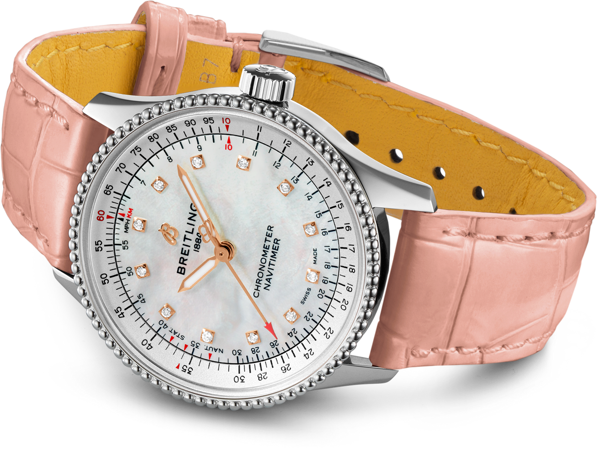  Shop Authentic Breitling Navitimer Automatic 35 Mother of Pearl Dial Pink Leather Strap Watch for Women - A17395211A1P3 - Luxxuri