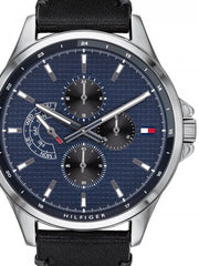  Shop Authentic Tommy Hilfiger Shawn Multifunction Quartz Blue Dial Black Leather Strap Watch for Men - 1791616 - Luxxuri