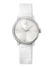  Shop Authentic Calvin Klein Accent Silver Dial White Leather Strap Watch for Women - K2Y2Y1KW - Luxxuri