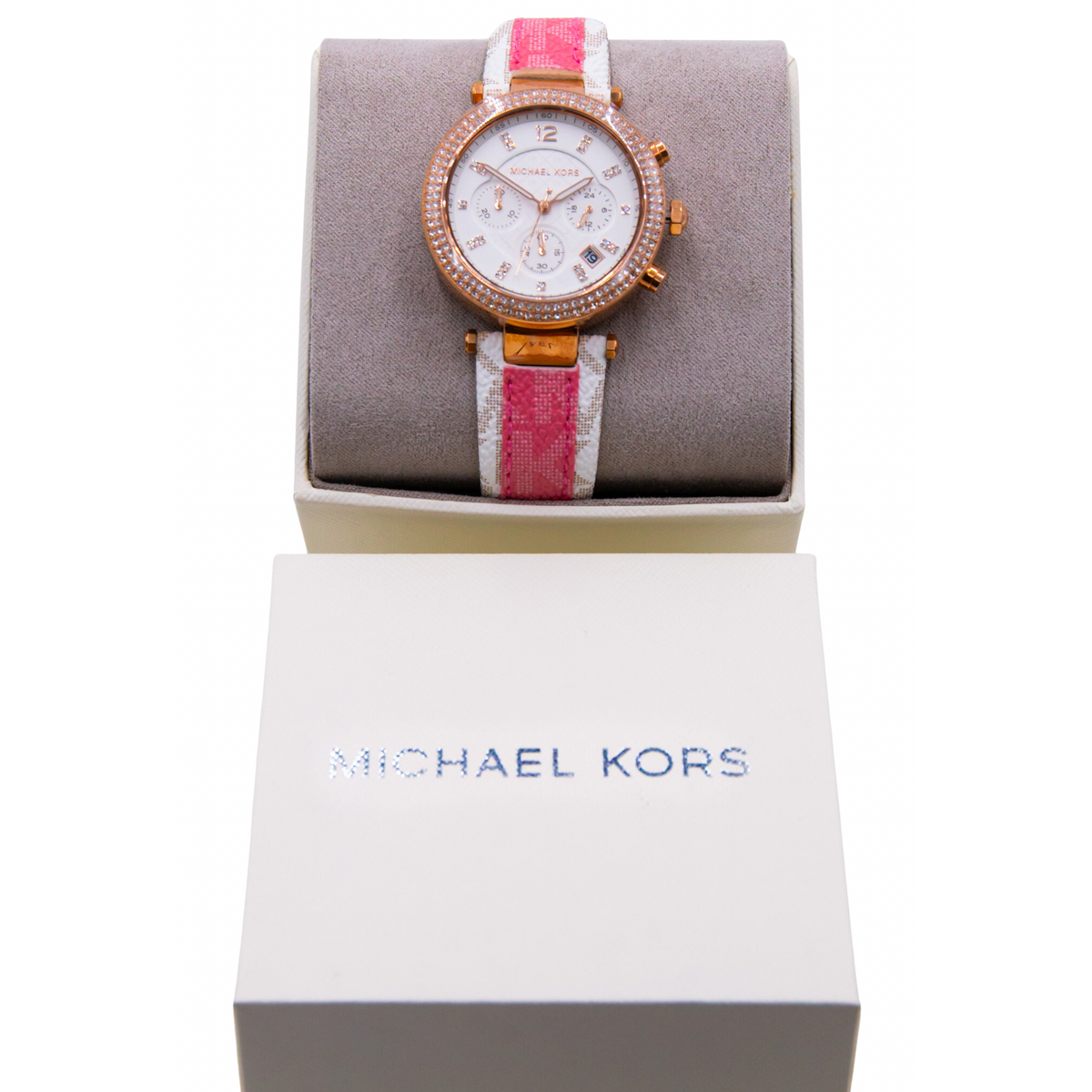  Shop Authentic Michael Kors Parker Chronograph White Dial Two Tone Leather Strap Watch For Women - MK6951 - Luxxuri