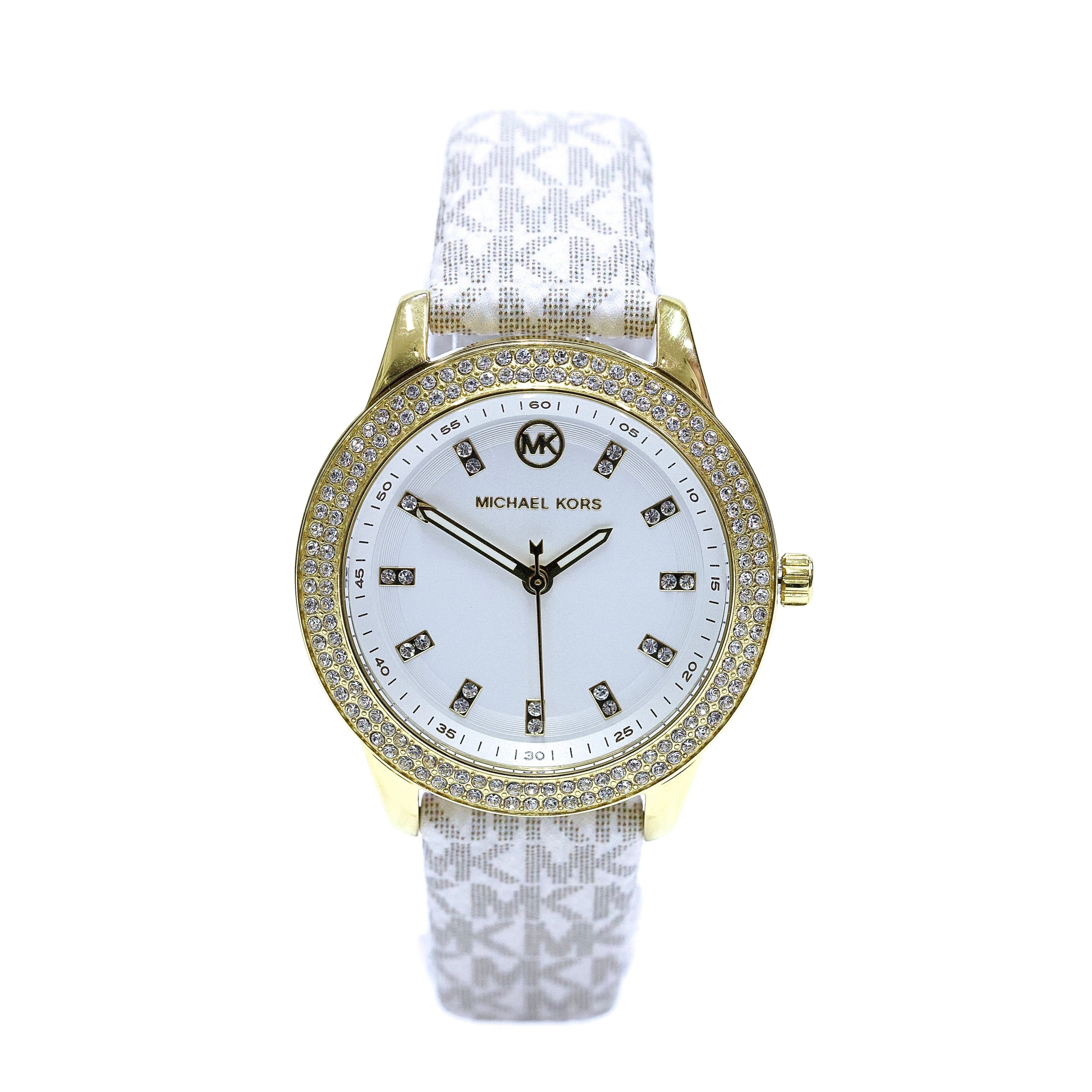  Shop Authentic Michael Kors Tibby Analog Silver Dial White Leather Strap Watch for Women - MK1049 - Luxxuri