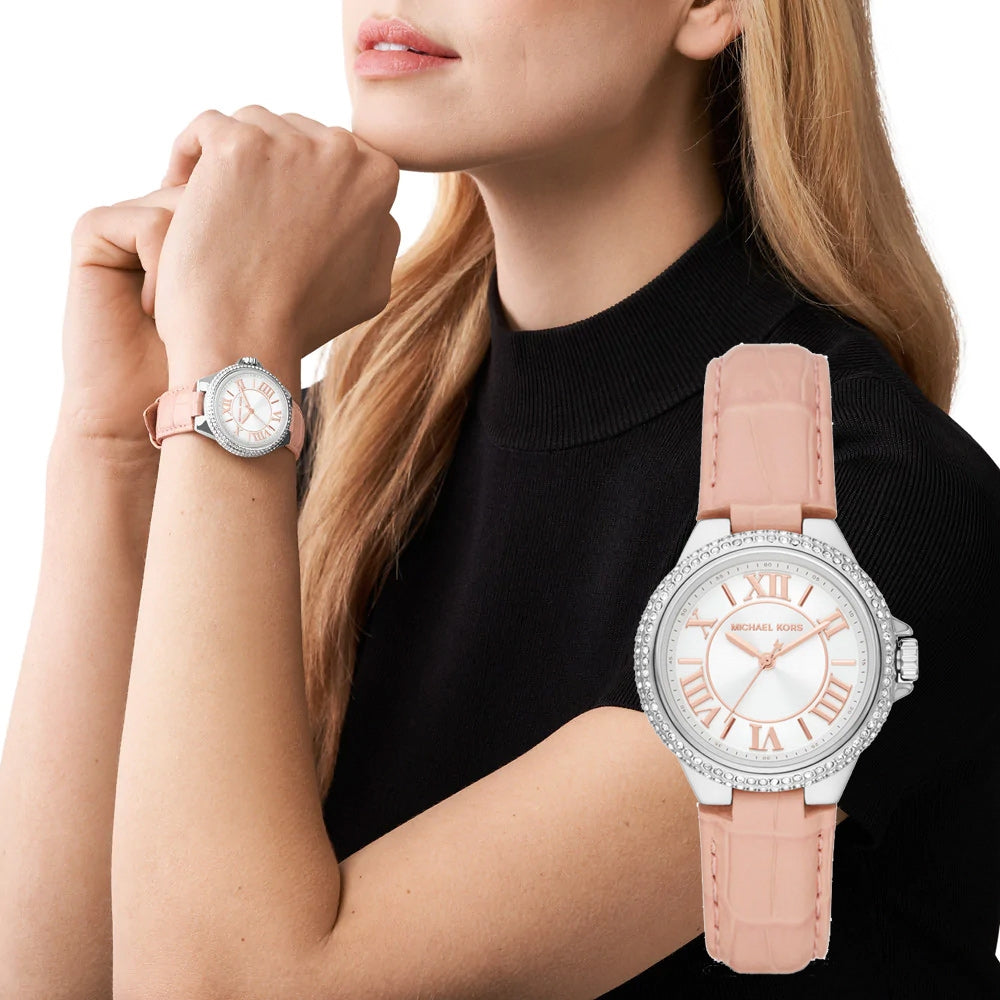  Shop Authentic Michael Kors Camille Three-Hand Crystals White Dial Pink Leather Strap Watch for Women - MK2963 - Luxxuri