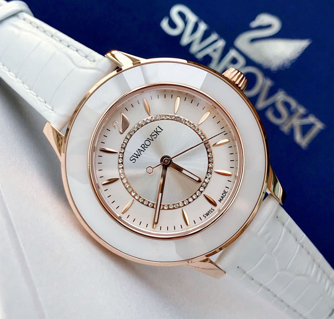  Shop Authentic Swarovski Octea Lux White Dial White Leather Strap Watch for Women - 5414416 - Luxxuri