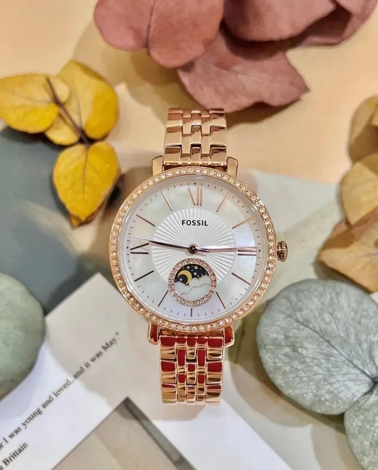  Shop Authentic Fossil Jacqueline Analog Moonphase Mother of Pearl White Dial Rose Gold Steel Strap Watch for Women - ES5165 - Luxxuri