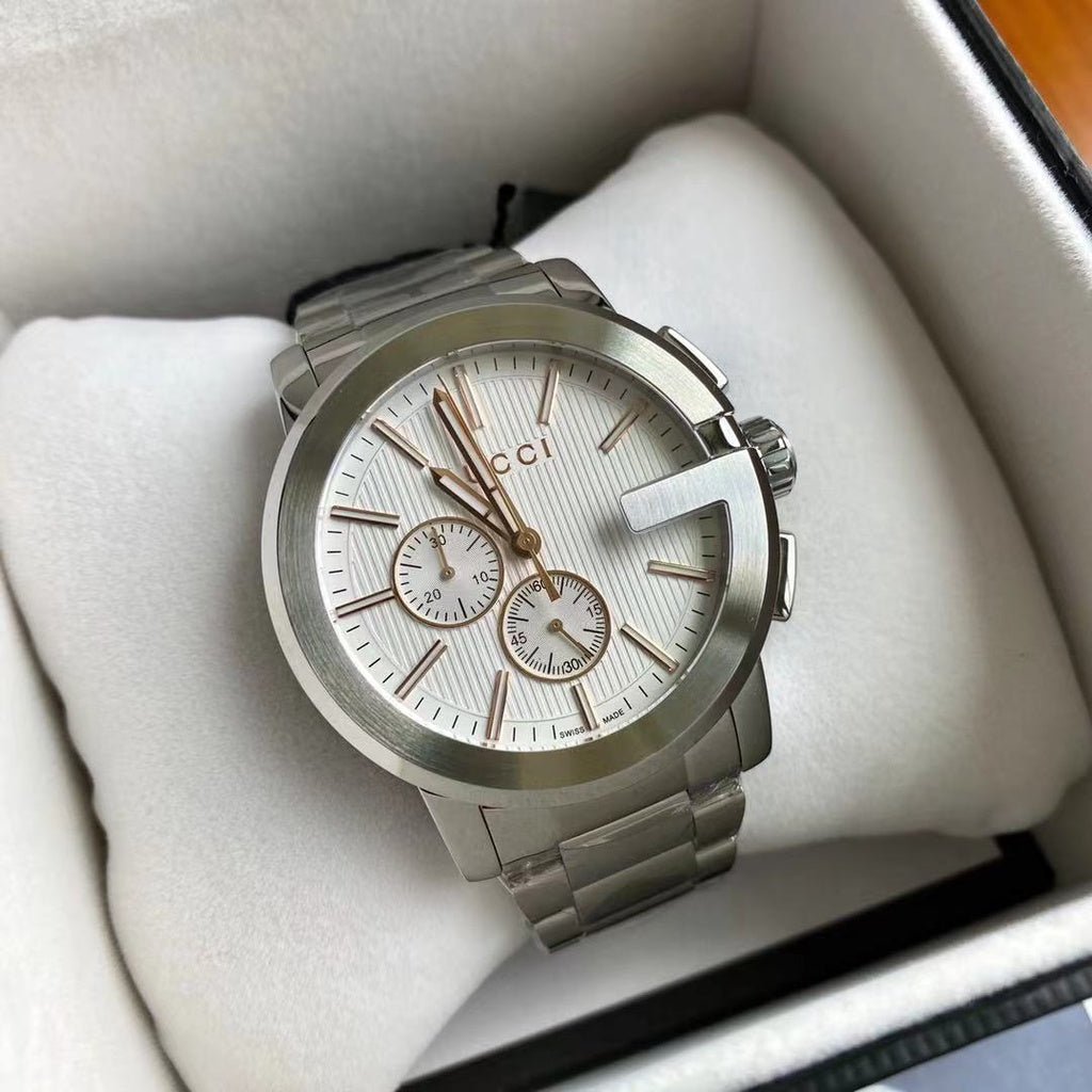  Shop Authentic Gucci G Chrono Chronograph Silver Dial Silver Steel Strap Watch For Men - YA101201 - Luxxuri