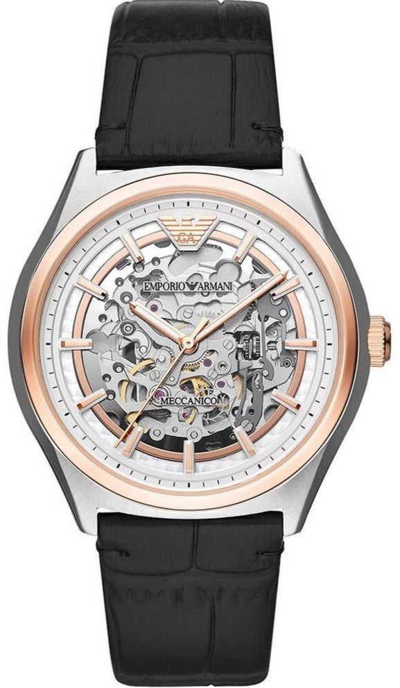  Shop Authentic Emporio Armani Zeta Skeleton Automatic Silver Dial Black Leather Strap Watch For Men - AR60018 - Luxxuri
