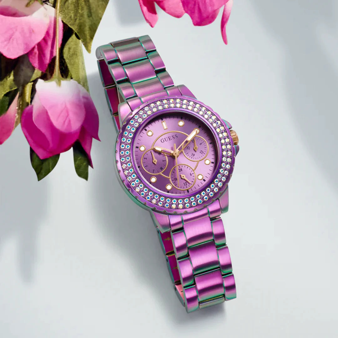 Shop Authentic Guess Crown Jewel Diamonds Purple Dial Purple Steel Strap Watch for Women - GW0410L4 - Luxxuri